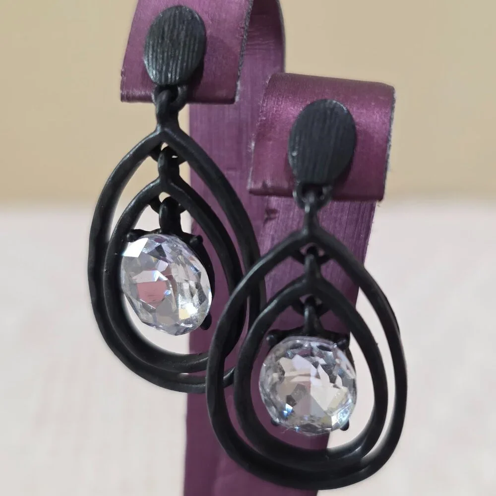 Matte Black Metal Two Teardrop Large Center Rhinestone Dangle Pierced Earrings
